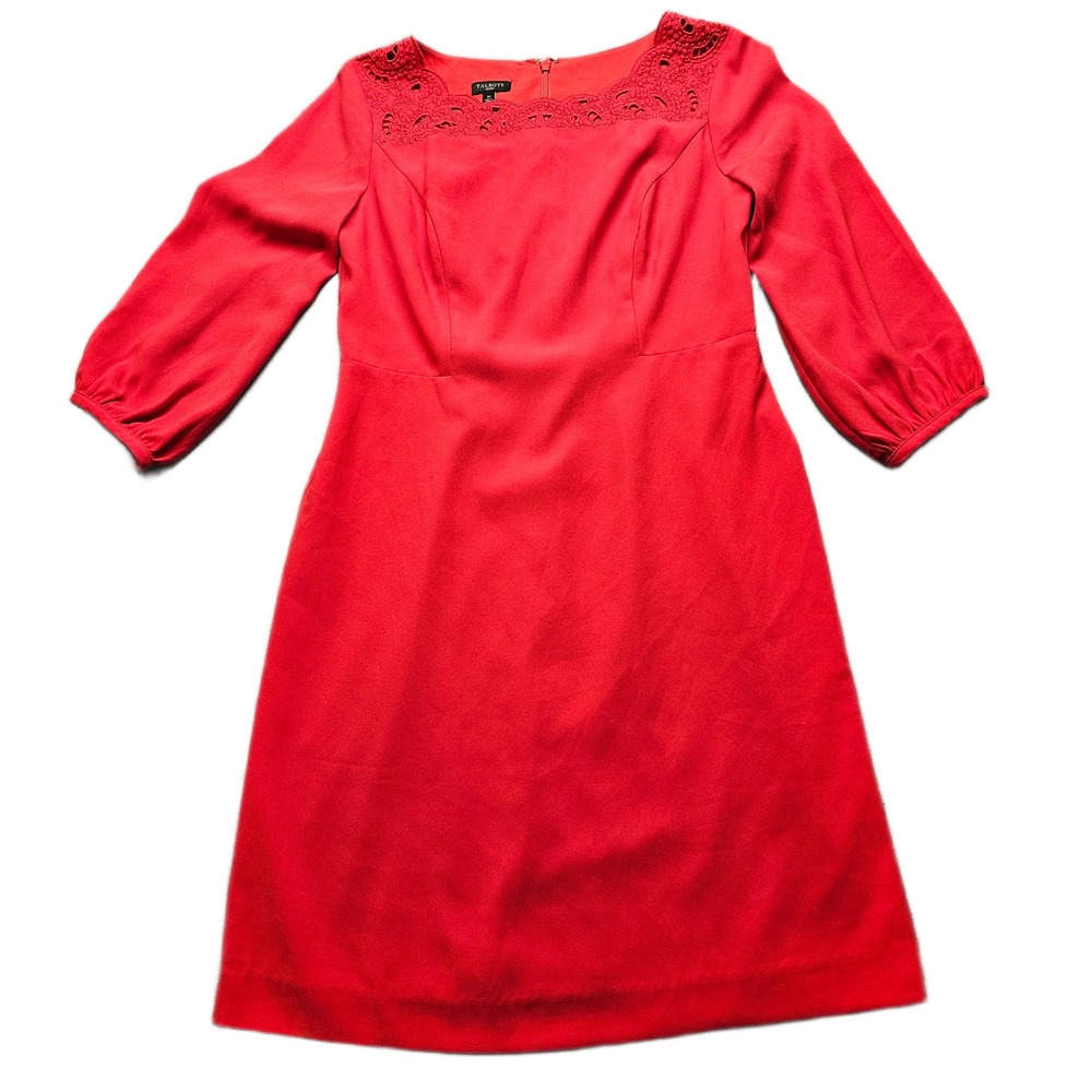 Talbots Sheath Dress Womens 2P Red Lined Balloon Sleeve Round Neck Back Zipper